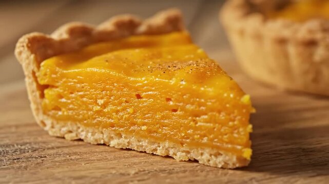 Extreme close-up of a delicious slice of golden homemade pumpkin or custard pie, dusted with spice, resting on a rustic wooden board.