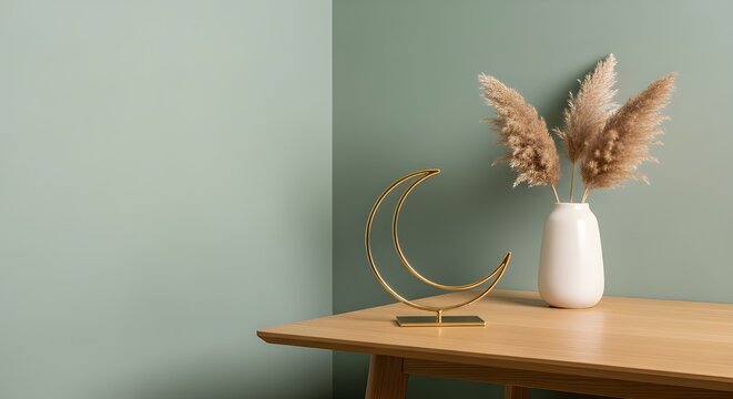Pampas grass in white vase with gold crescent moon decor on wooden table, sage green wall background, copy space