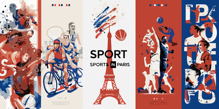 A vibrant collage depicting various sports and the city of Paris