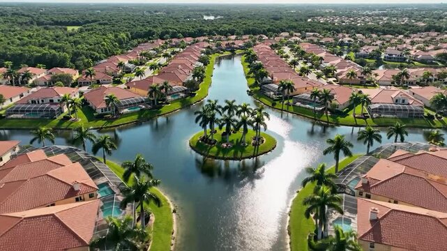 High angle view of a luxurious residential neighborhood with many homes