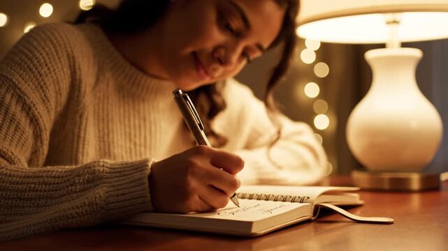 Happy young woman journaling at cozy desk in warm evening light