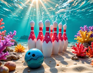 Whimsical Underwater Bowling Scene with Colorful Coral Pins