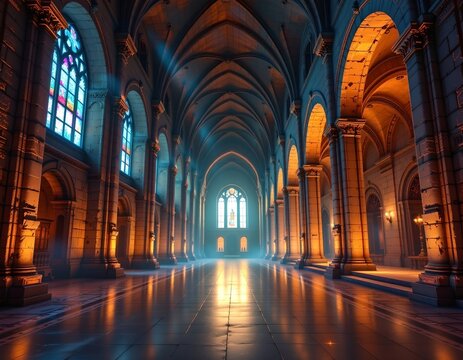 Ancient Underground Cathedral with Stained Glass and Pillars