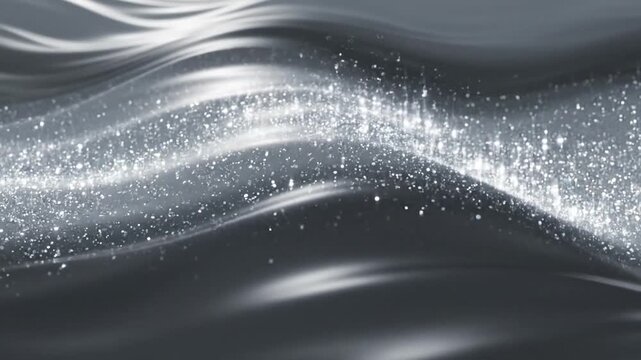 Elegant silver waves with shimmering glitter particles create a luxurious
