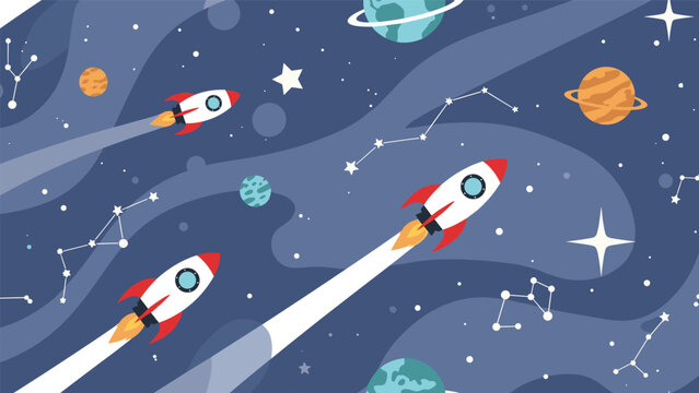 Dynamic space exploration illustration with several white rockets launching through a blue galaxy filled with stars, planets, and constellations.