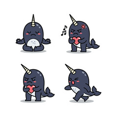 Cartoon narwhal character expressing different emotions with copy space © RafiaStock