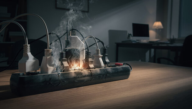 Dangerous Electrical Malfunction Overloaded Power Strip Short-Circuiting with Sparks and Smoke, Posing a Serious Fire Hazard in a Dark Room or Office Setting
