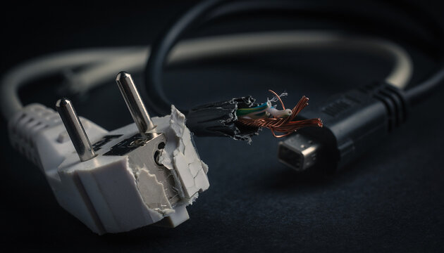 Damaged electrical cord with frayed wires and a broken plug, representing a hazard or electrical fault risk