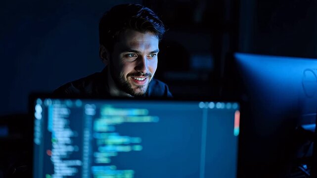 Man focused on computer screen with code
