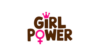 Girl power typography design with a pink crown and female gender symbol on a white background
