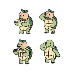 Obraz premium Cartoon turtle eating and drinking in different poses with copy space