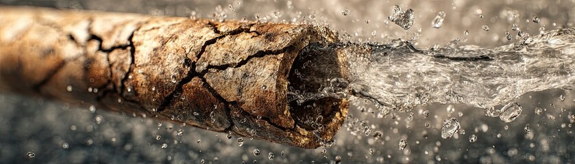 Fototapeta premium A rusty, cracked pipe forcefully ejects water droplets in a dynamic and detailed close-up shot.