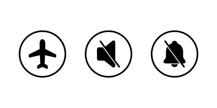 Airplane, mute, and silent bell mode icon in circular outline. Flight, no sound, and notification off symbol