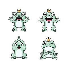 Cartoon frogs with crown expressing different emotions on white background