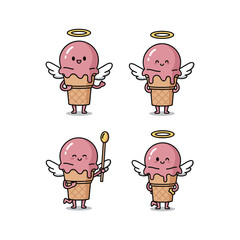 Cartoon angel donuts with halos and wings in various poses on white background