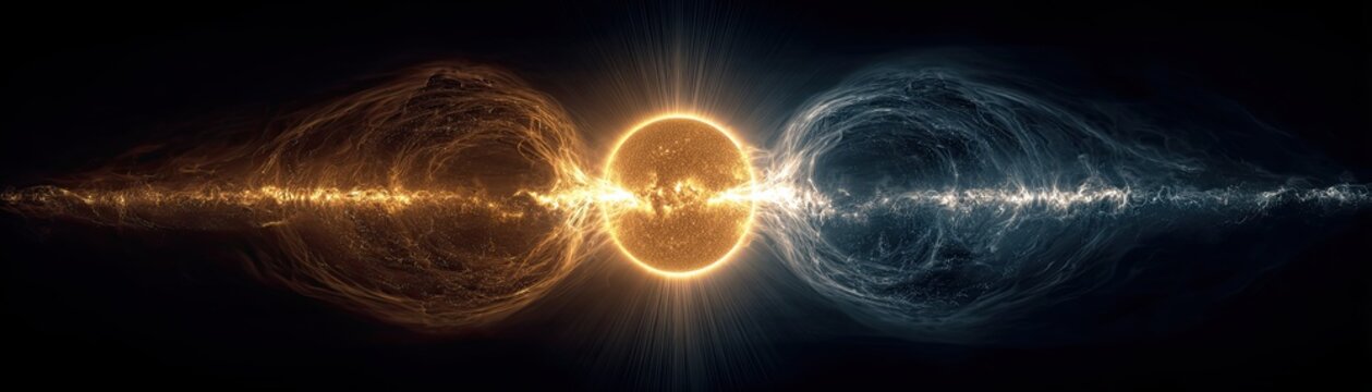 A glowing sphere emits contrasting golden and blue swirling energy waves, symbolizing dynamic balance and cosmic forces in a dark space.