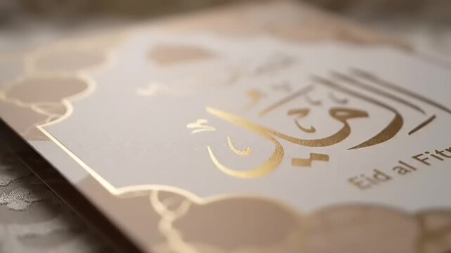 Elegant Eid al Fitr greeting card with Arabic calligraphy and gold foil accents.