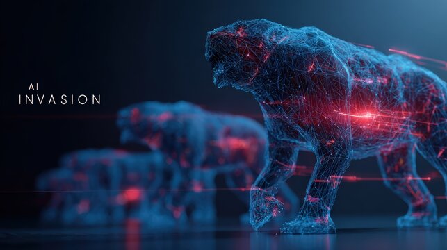 Digital Tigers: AI Invasion depicts a futuristic scenario where AI takes the form of majestic tigers. ..Created with Generative AI, not depicting real subjects.