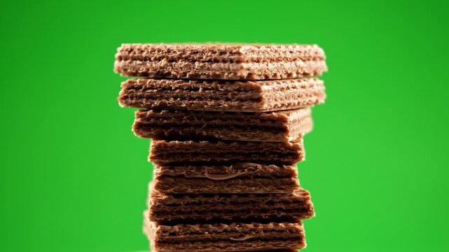 A tall stack of delicious chocolate wafer cookies stands against a vibrant