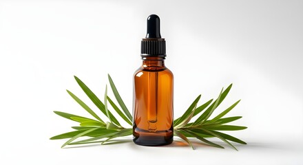 Fototapeta premium Clean editorial product shot of a small transparent oil bottle with clear liquid
