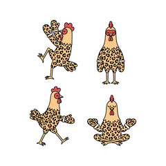 Cartoon chickens dancing in various poses with leopard print fur