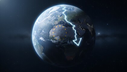 Obraz premium The globe showcases Europe Africa and Asia illuminated at night with a significant lightning storm across the northern regions of the world from a distant space viewpoint.