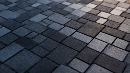Diagonal view of gray cobblestone pavement with square tiles and varied textures creating a moody urban scene