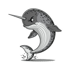 Narwhal jumping out of water in a playful monochrome illustration © RafiaStock
