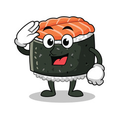 Cartoon sushi roll character saluting with a happy expression and white gloves