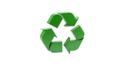 Glossy green emblem of three chasing arrows, isolated on black