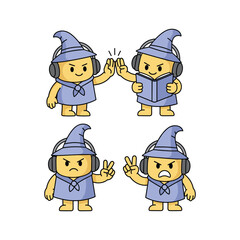 Cartoon characters with headphones showing different emotions and gestures