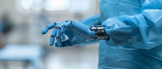 Close up of robotic prosthetic hand supported by medical professional wearing scrubs, representing advanced rehabilitation, healthcare innovation, and assistive technology.