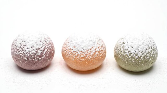 Three spheroidal objects in differing colors dusted with white powder on a white surface