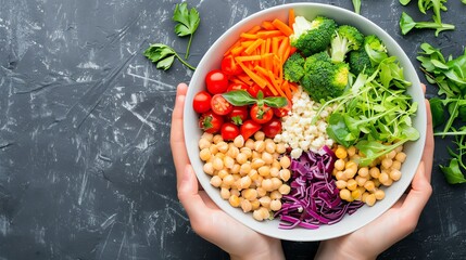 Top view of colorful plant based buddha bowl with chickpeas, broccoli, carrots, tomatoes and grains, representing clean eating and balanced nutrition.