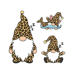 Cute cartoon leopard gnomes sleeping peacefully in various poses with copy space