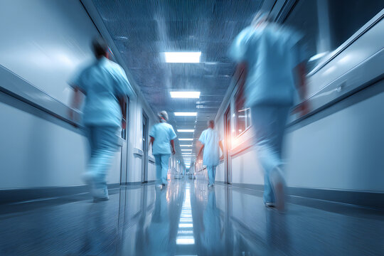Healthcare professionals walking quickly through a hospital corridor during a busy shift at night