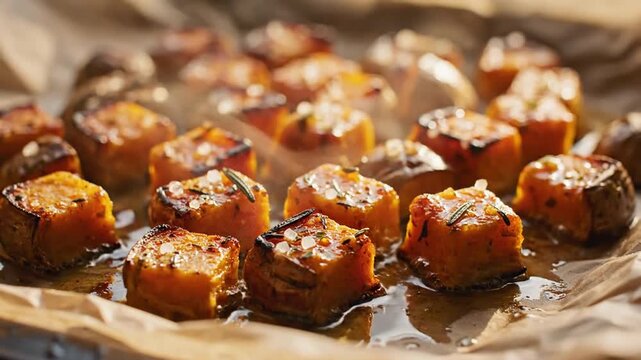 Roasted butternut squash cubes with rosemary and salt