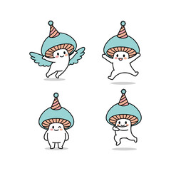 Cartoon mushrooms with party hats dancing and flying in various poses with copy space