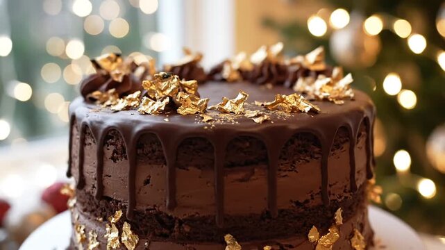 Close-up of a layered chocolate cake with dripped ganache, adorned with gold leaf, and bokeh lights