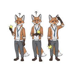 Cartoon fox character in different poses with star and question mark