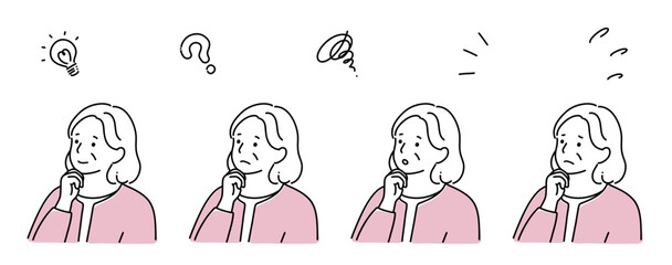 顎に手をあてているいろいろな表情のシニアの女性