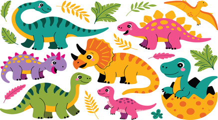Cartoon Dinosaur Vector Set – Cute Baby Dino Triceratops and Brontosaurus Characters © MDABU