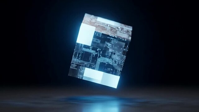 Rotating Futuristic Digital Cube with Glowing Circuitry - Technology Concept