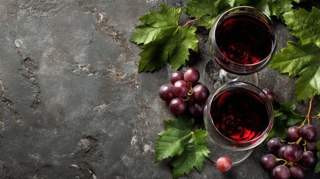 Two glasses of red wine are placed next to clusters of grapes and green leaves on a dark stone surface. This scene shows enjoyment during a social event in the evening.