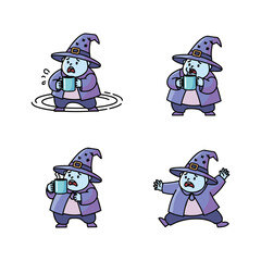 Cartoon wizard drinking coffee in various poses with emotional expressions
