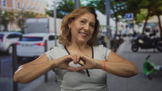 Middle age hispanic woman smiling shows heart gesture with hands on city street near parked cars and scooters; love.
