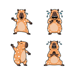 Cartoon capybara expressing emotions with gestures and sweat drops