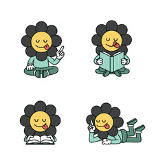 Cartoon flower character reading and thinking with different expressions