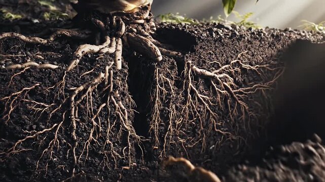 Detailed view of plant roots growing beneath the soil surface