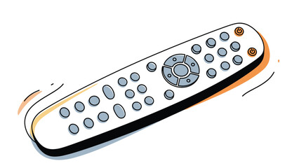 Long white remote control with numerous grey buttons is depicted in a clean and simple electronic device illustration with shadows.